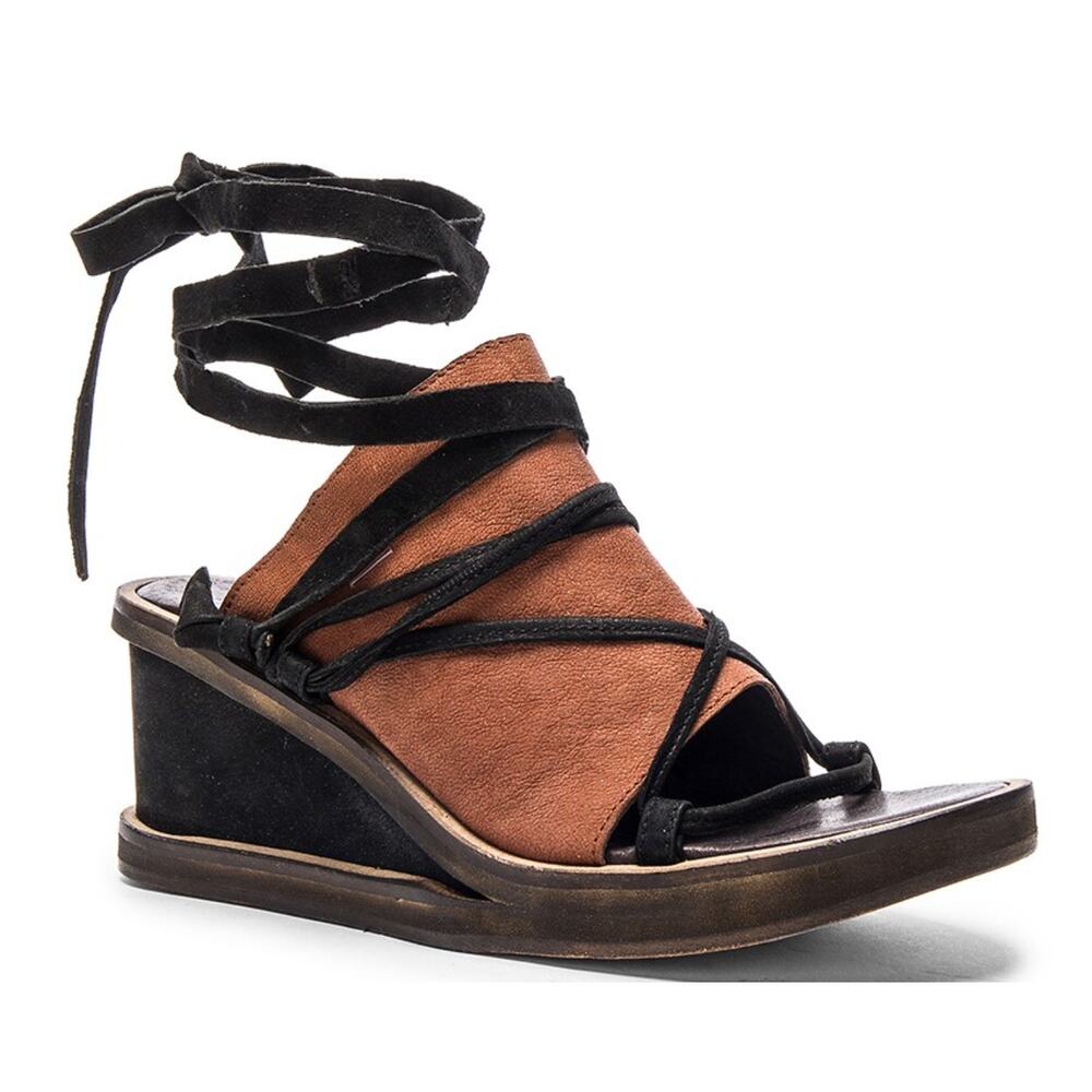 Free People Bowery Wedge Platform Sandals Black Tan Leather Lace Up Boho Size 8